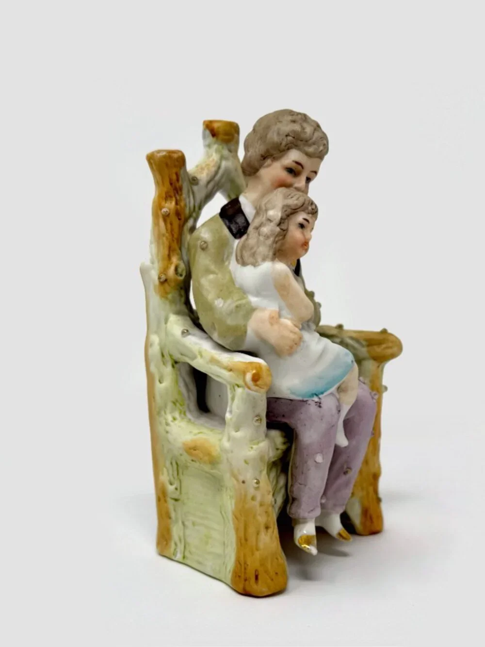 Vintage Bisque Porcelain Figurine - Father holding Daughter on Wooden Chair